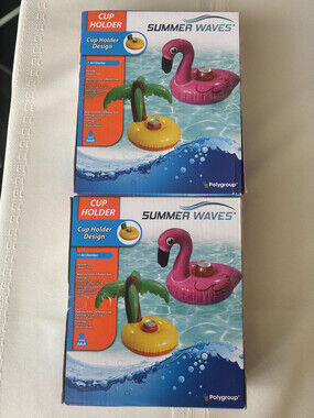 Lot of 2 Summer Waves Flamingo & Palm Tree Cup Holder Pool Float